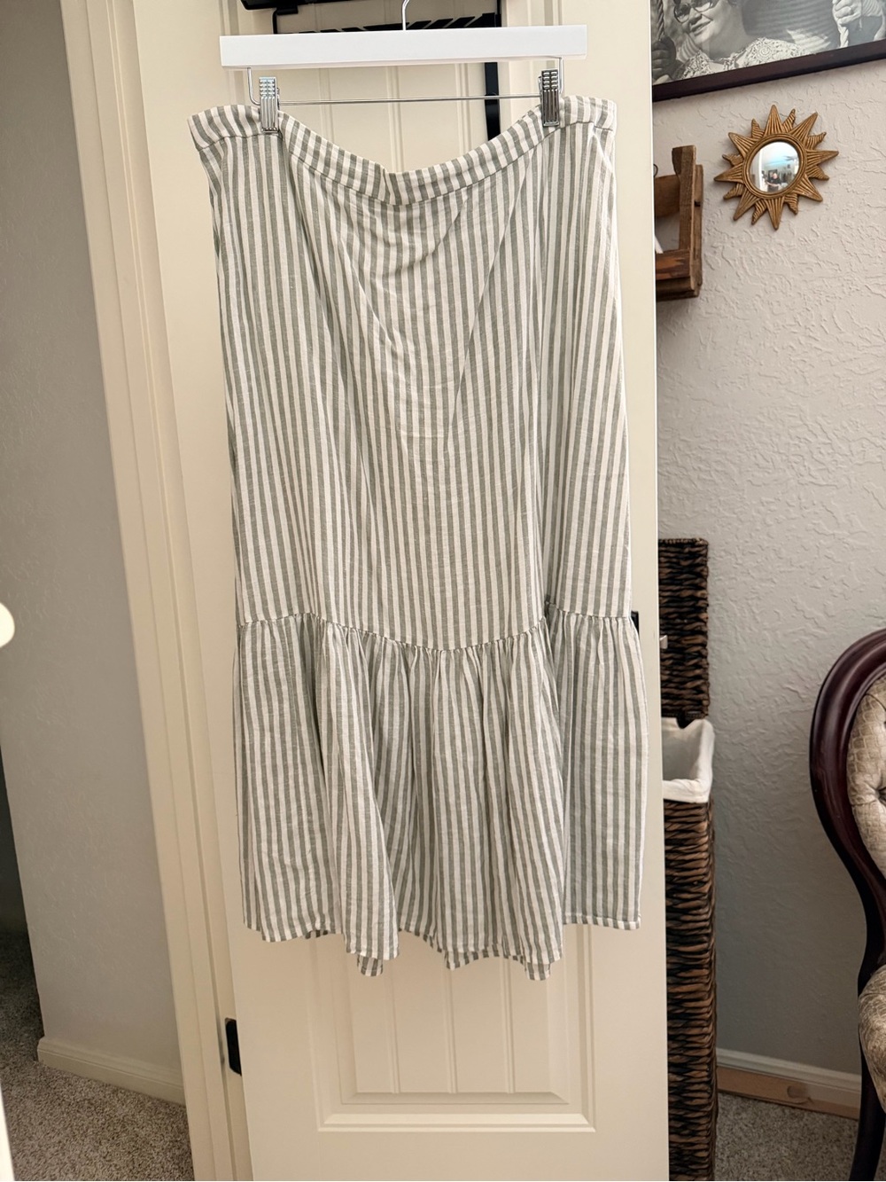 Caslon Green and White Striped Tiered Midi Skirt with Ruffle Hem